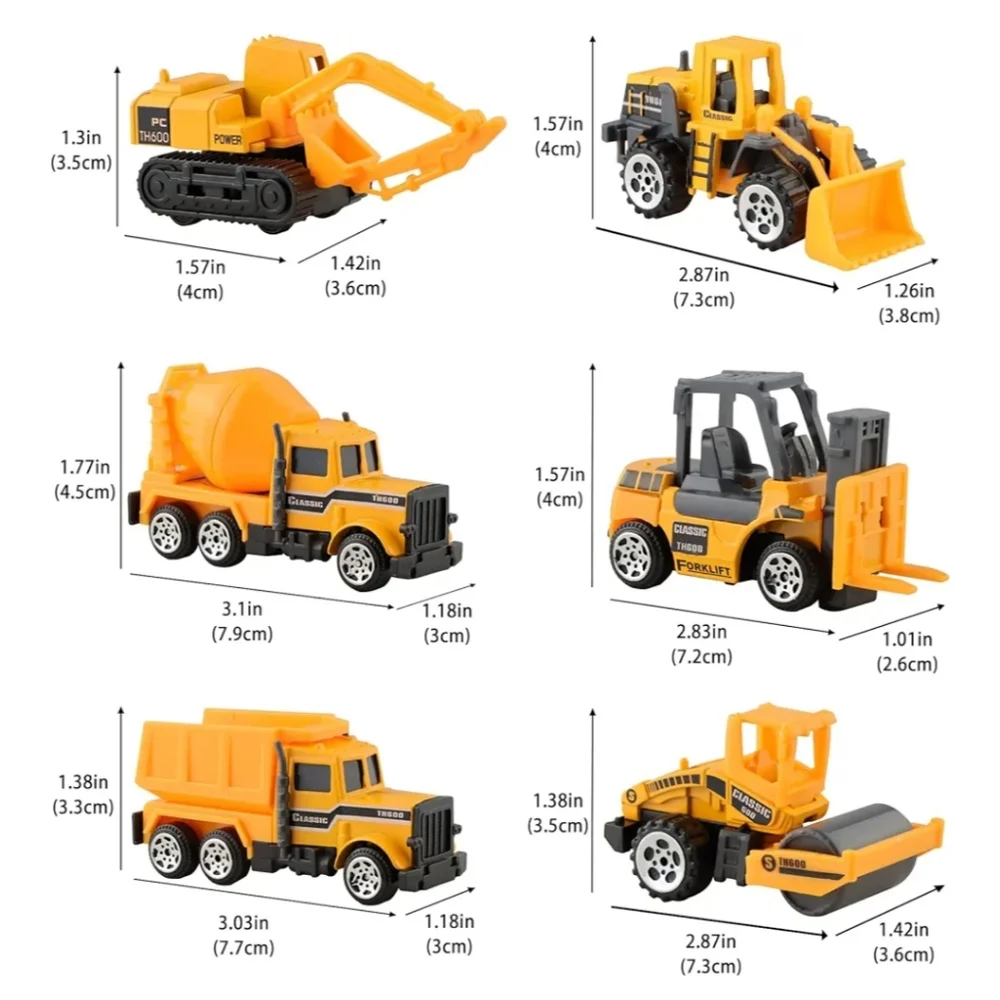 6 Pcs Mini Die Cast Car Set 1/64 Scale Alloy Construction Trucks - NIB